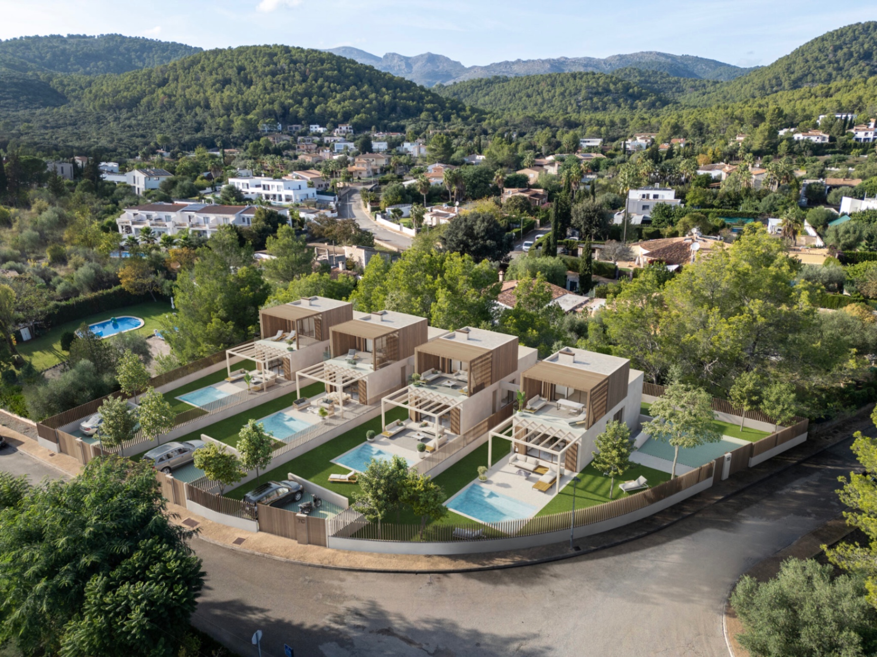 Aerial view of the four Crestatx Houses in Sa Pobla, Mallorca